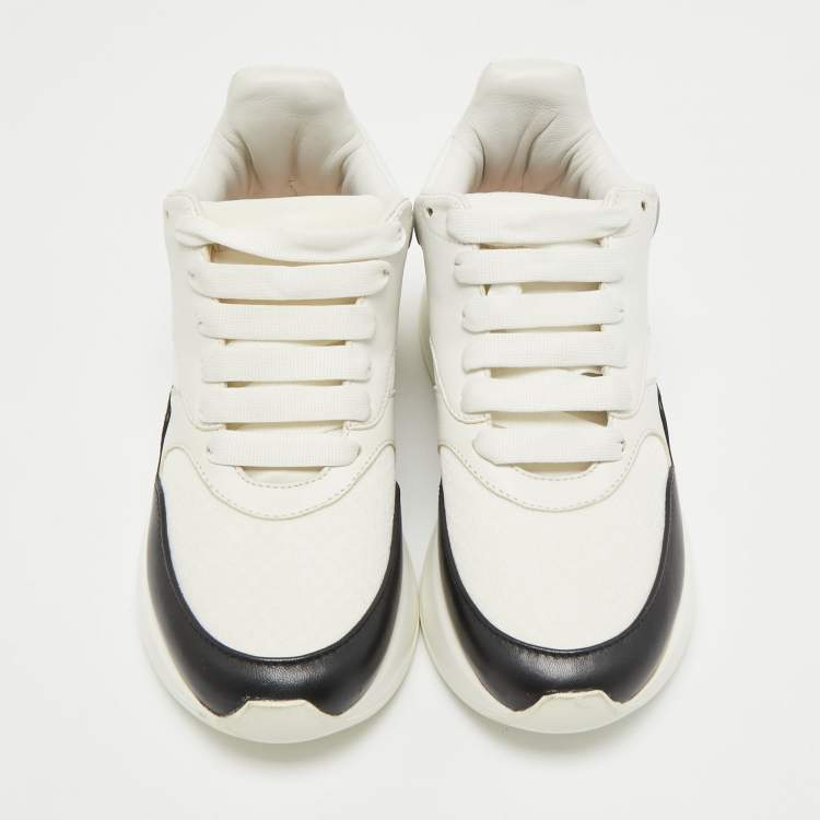 Pre Owned Alexander McQueen White/Black Leather and Mesh Oversized Runner Sneakers Size 35