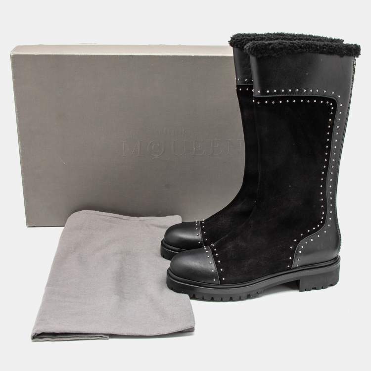 Pre Owned Alexander McQueen Black Suede and Leather Lined Mid Calf Boots Size 39 