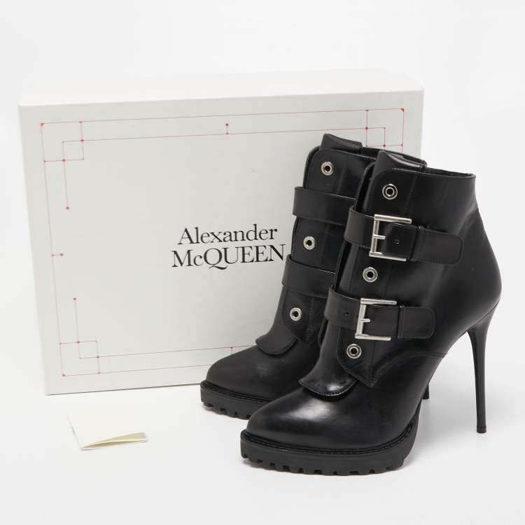 Pre Owned Alexander McQueen Black Leather Buckle Detail Boots Size 40