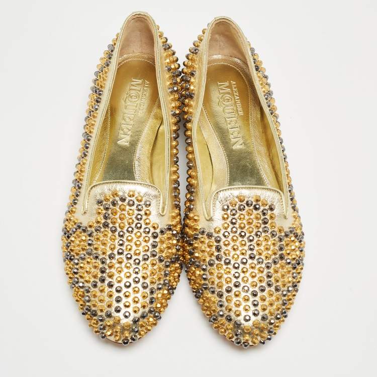 Pre Owned Alexander McQueen Metallic Gold Studded Leather Smoking Slippers Size 39