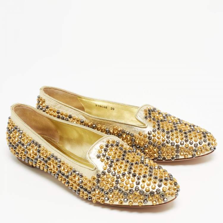 Pre Owned Alexander McQueen Metallic Gold Studded Leather Smoking Slippers Size 39