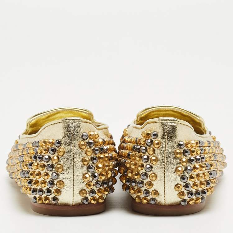 Pre Owned Alexander McQueen Metallic Gold Studded Leather Smoking Slippers Size 39