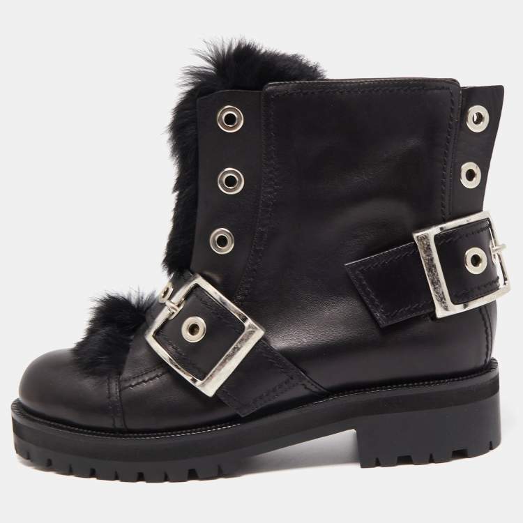 Alexander McQueen Black Leather and Fur Buckle Detail Ankle