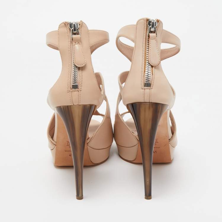 Pre Owned Alexander McQueen Beige Leather Platform Ankle Strap Sandals Size 41
