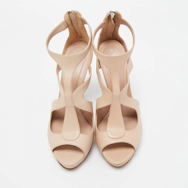Pre Owned Alexander McQueen Beige Leather Platform Ankle Strap Sandals Size 41