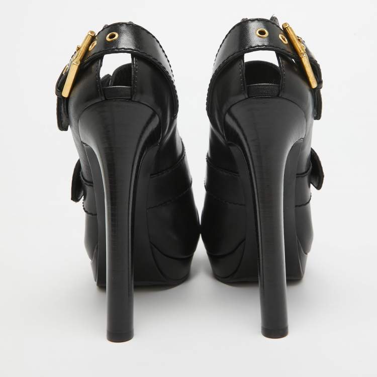 Pre Owned Alexander McQueen Black Leather Eyelet Buckle Booties Size 40