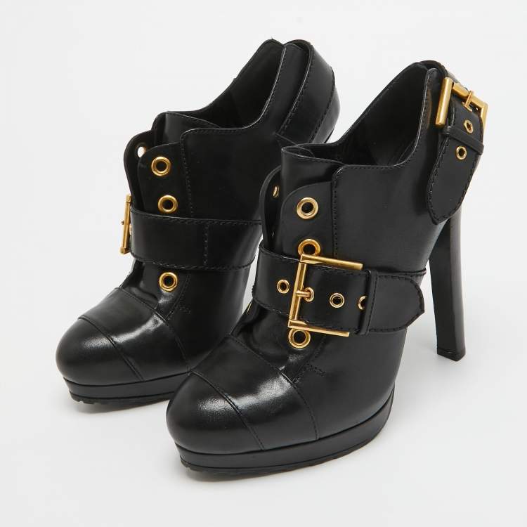 Pre Owned Alexander McQueen Black Leather Eyelet Buckle Booties Size 40