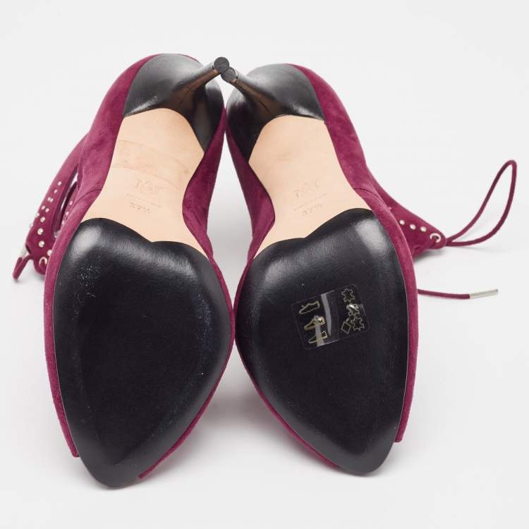 Pre Owned Alexander McQueen Burgundy Cut Out Suede Studded Ankle Booties Size 37.5