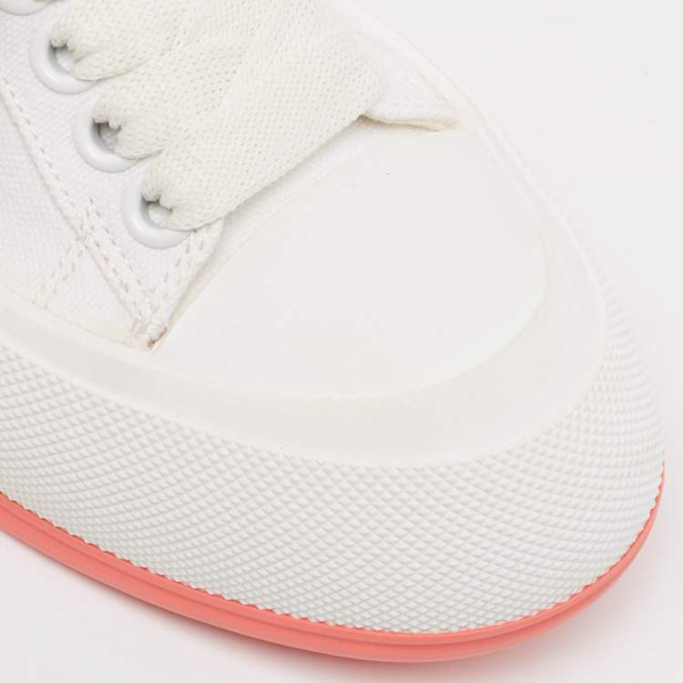 Pre Owned Alexander McQueen White/Pink Canvas and Suede Deck Plimsoll Sneakers Size 37.5