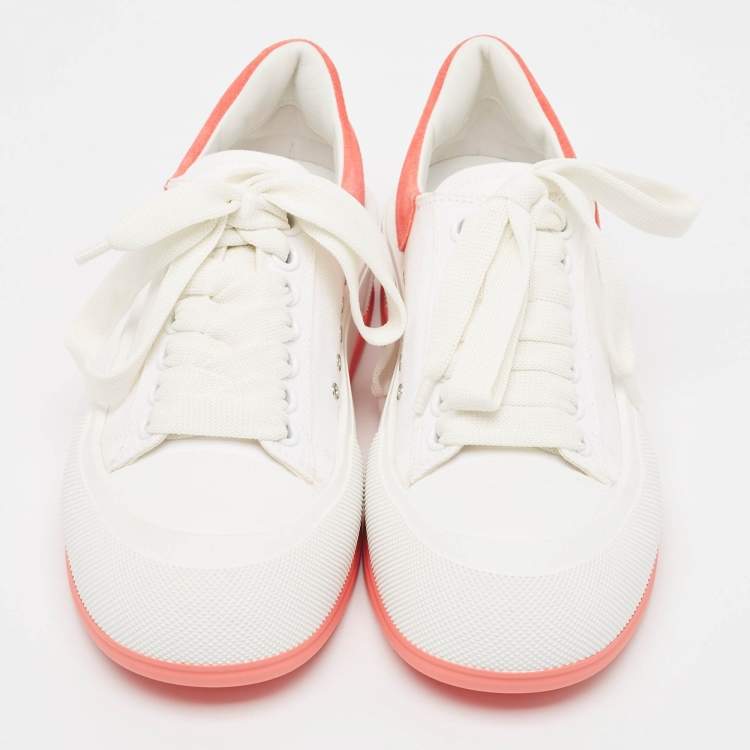 Pre Owned Alexander McQueen White/Pink Canvas and Suede Deck Plimsoll Sneakers Size 37.5