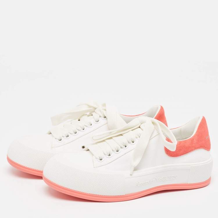 Pre Owned Alexander McQueen White/Pink Canvas and Suede Deck Plimsoll Sneakers Size 37.5