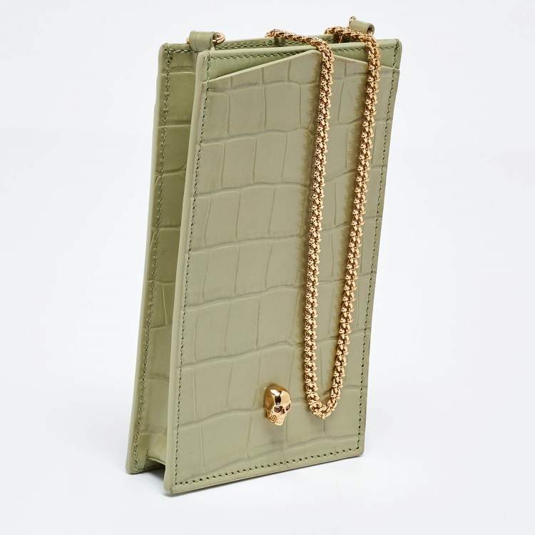 Pre Owned Alexander McQueen Light Green Croc Embossed Leather Skull Phone Case