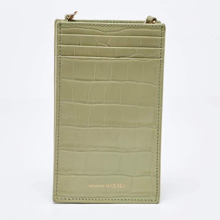 Pre Owned Alexander McQueen Light Green Croc Embossed Leather Skull Phone Case
