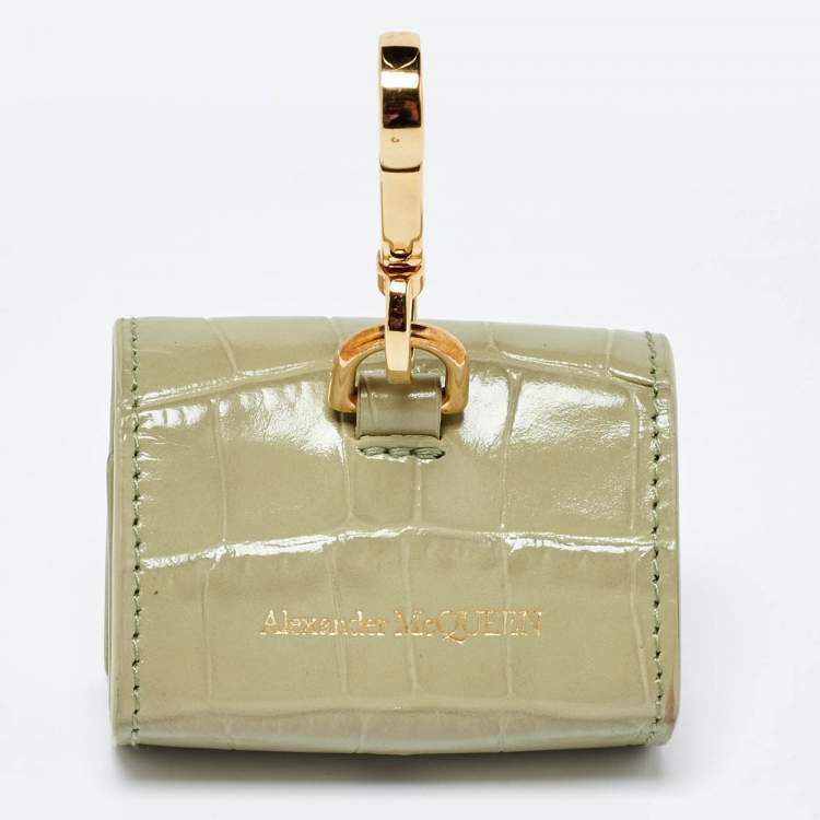 Pre Owned Alexander McQueen Light Green Croc Embossed Leather Skull Air Pod Pro Case