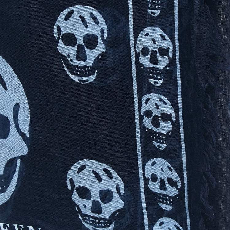 Pre Owned Alexander McQueen Blue Skull Print Modal Blend Scarf 