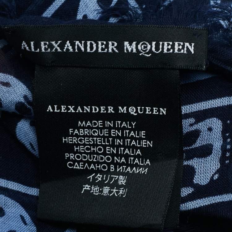 Pre Owned Alexander McQueen Blue Skull Print Modal Blend Scarf 