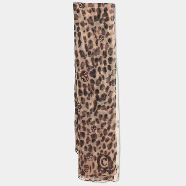 Pre Owned Alexander McQueen Brown Leopard and Skull Print Silk Scarf