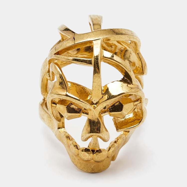 Pre Owned Alexander McQueen Skull Gold Tone Ring Size 53