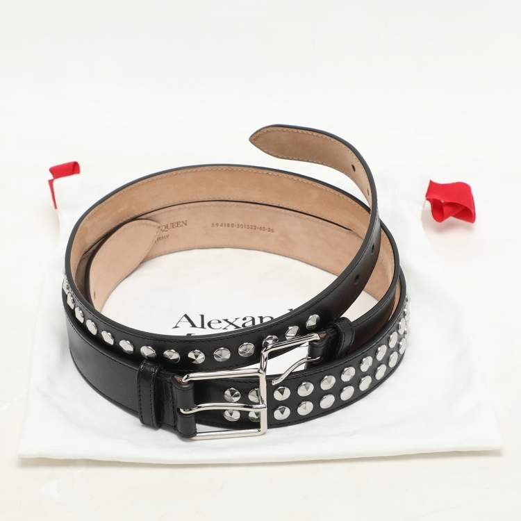 Pre Owned Alexander McQueen Black Leather Studded Double Waist Belt 65CM