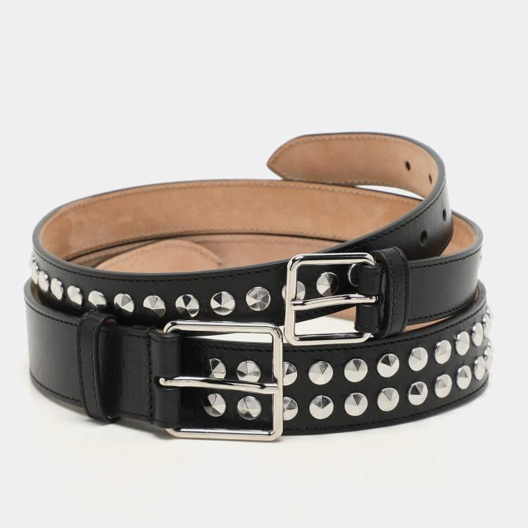 Pre Owned Alexander McQueen Black Leather Studded Double Waist Belt 65CM