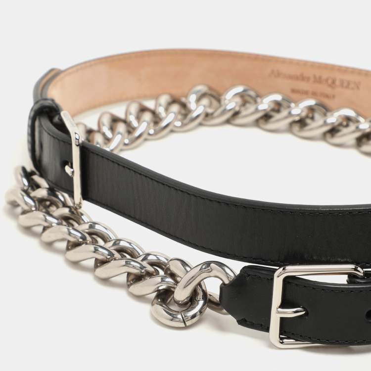 Pre Owned Alexander McQueen Black Leather and Chain Skinny Double Waist Belt 70CM