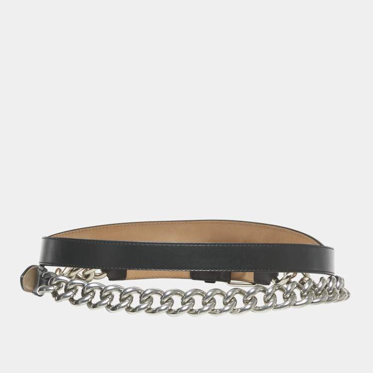 Pre Owned Alexander McQueen Black Leather Chain Double Waist Belt 75CM