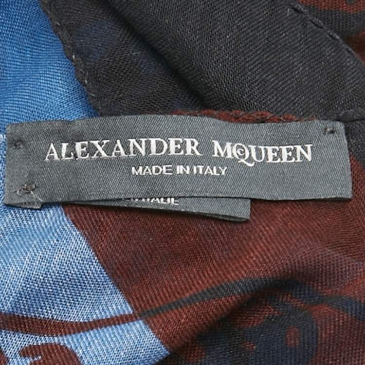 Pre Owned Alexander McQueen Blue Skull Print Modal Blend Scarf