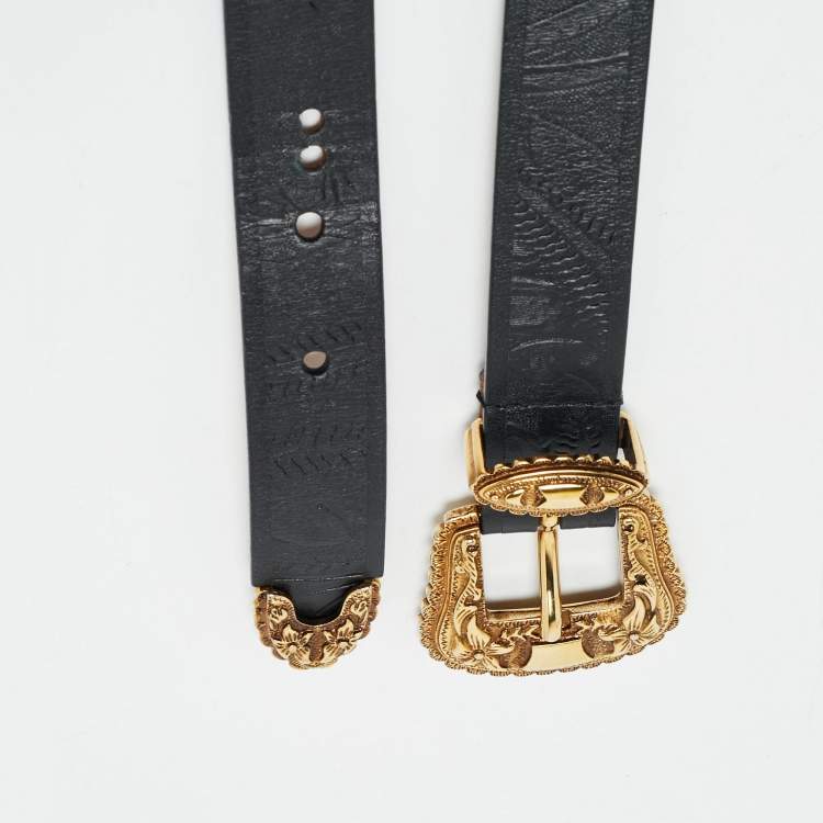 Pre Owned Alexander McQueen Black Embossed Leather Double Buckle Belt 75CM