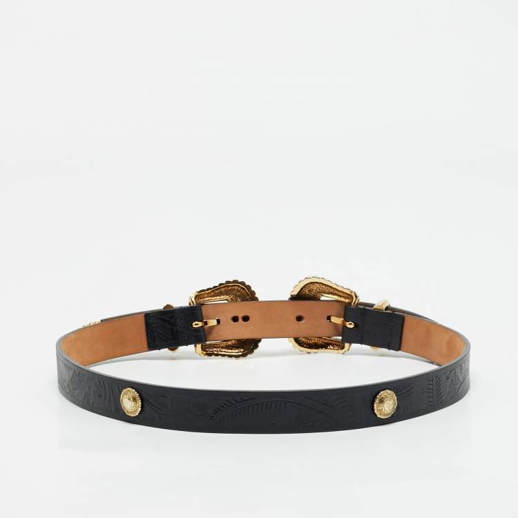 Pre Owned Alexander McQueen Black Embossed Leather Double Buckle Belt 75CM