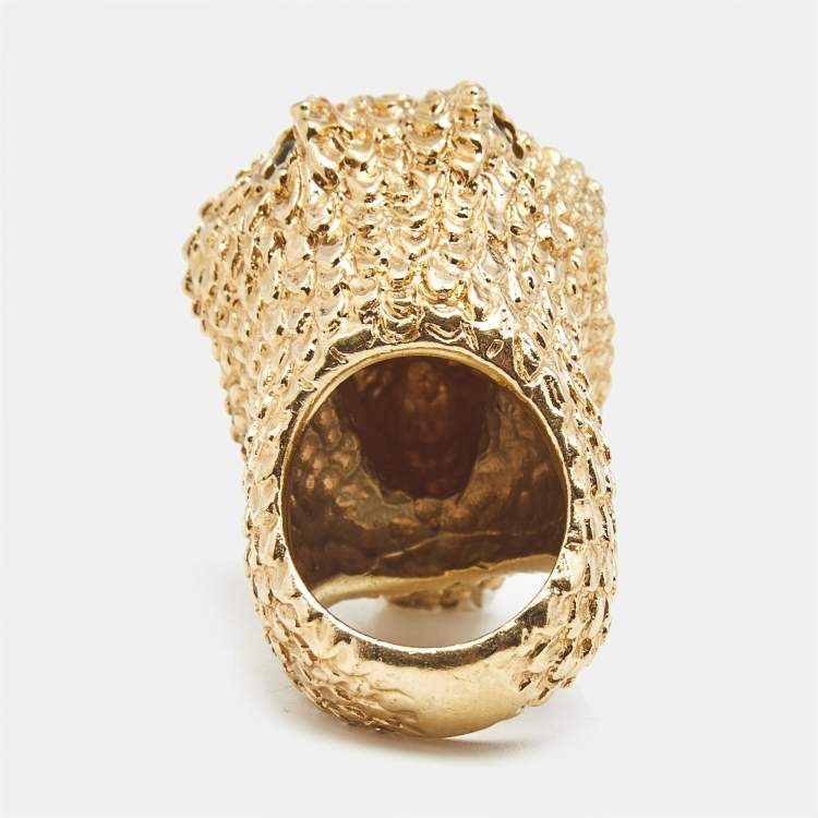 Pre Owned Alexander McQueen Skull and Snake Crystals Gold Tone Ring Size 52