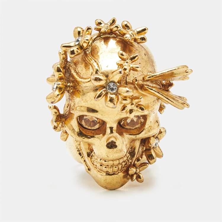 Pre Owned Alexander McQueen Crystal Bee Skull Gold Tone Ring Size 54