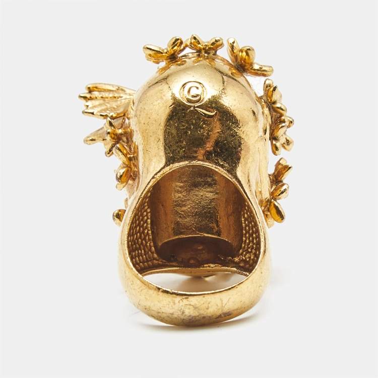 Pre Owned Alexander McQueen Crystal Bee Skull Gold Tone Ring Size 54