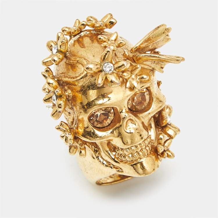 Pre Owned Alexander McQueen Crystal Bee Skull Gold Tone Ring Size 54