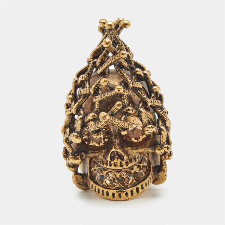 Pre Owned Alexander McQueen Skull Crystals Gold Tone Ring Size 55