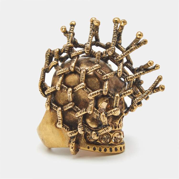 Pre Owned Alexander McQueen Skull Crystals Gold Tone Ring Size 55