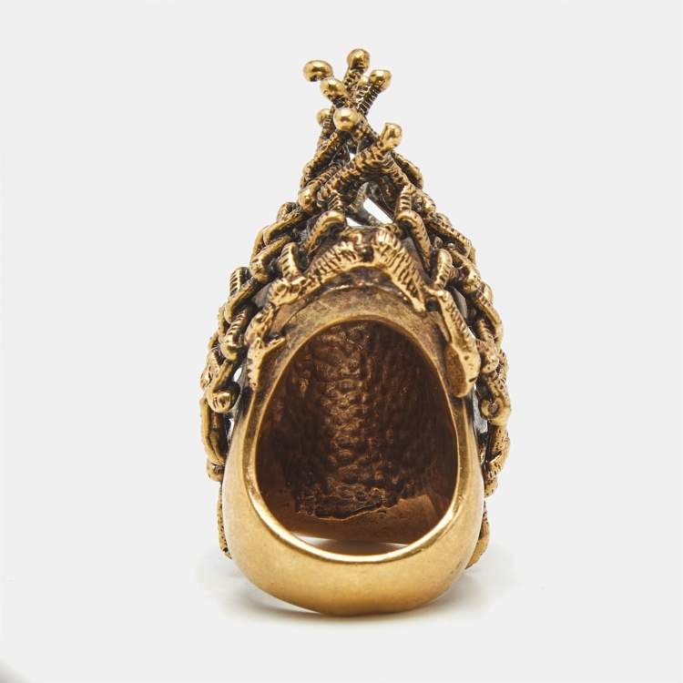 Pre Owned Alexander McQueen Skull Crystals Gold Tone Ring Size 55