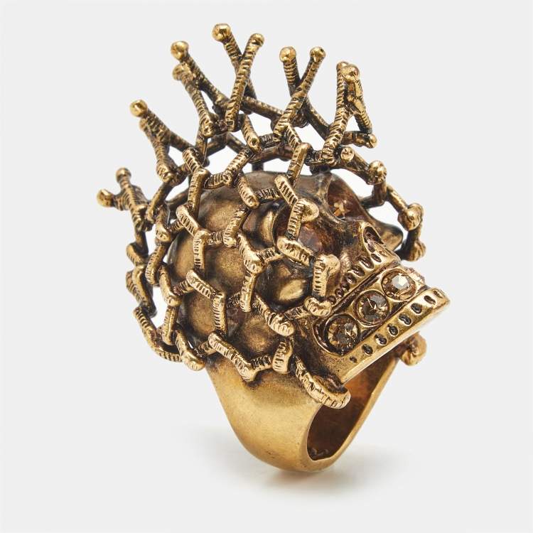 Pre Owned Alexander McQueen Skull Crystals Gold Tone Ring Size 55