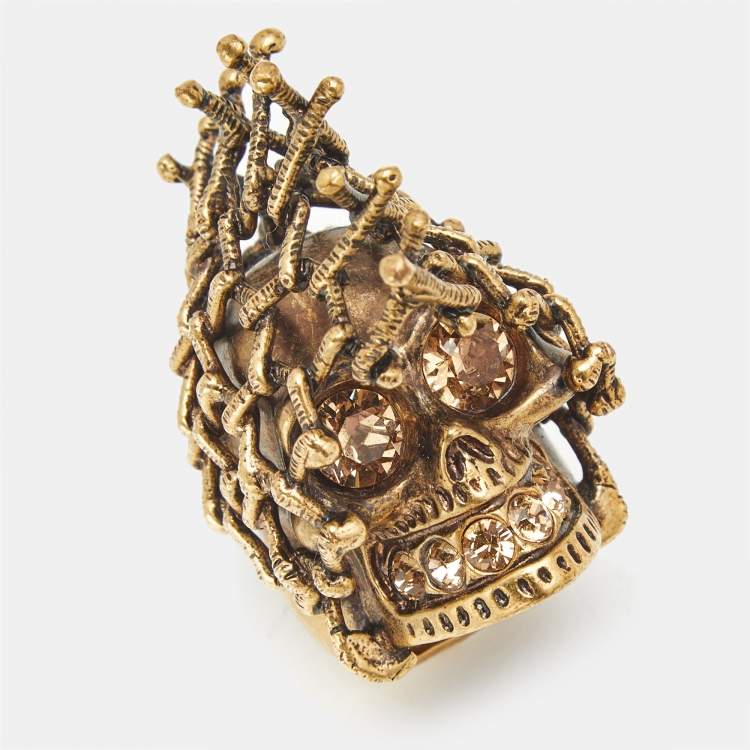 Pre Owned Alexander McQueen Skull Crystals Gold Tone Ring Size 55