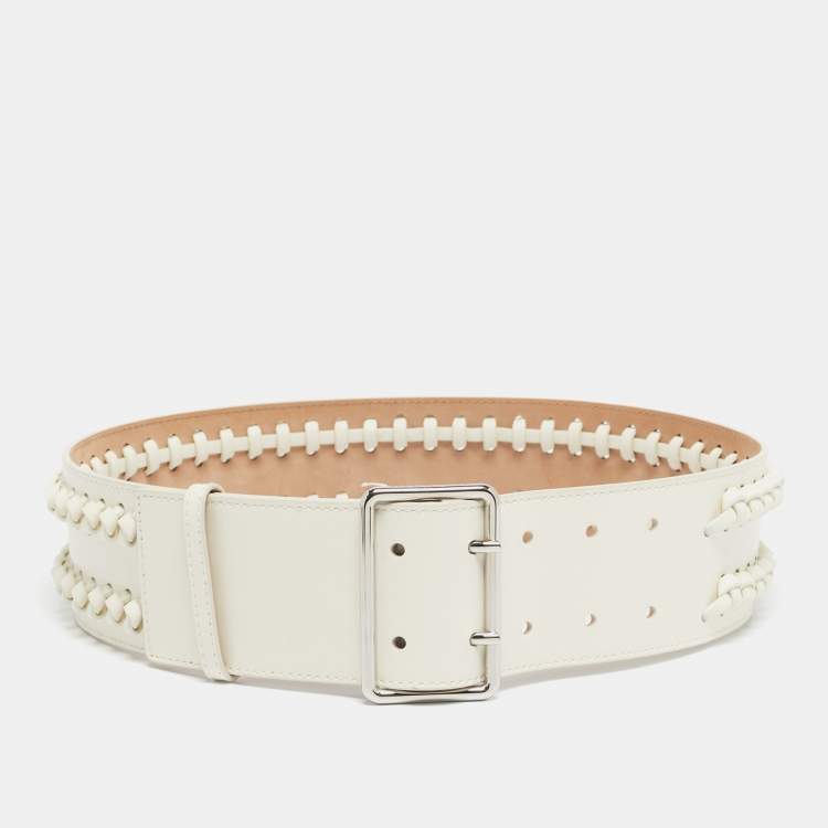 Pre Owned Alexander McQueen White Leather Braided Wide Belt 70CM