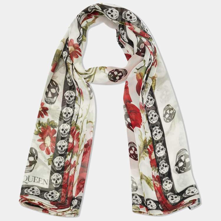 مملوكة مسبقًا وشاح أليكساندر ماكوين حرير طباعة وردة وجمجمة أبيض