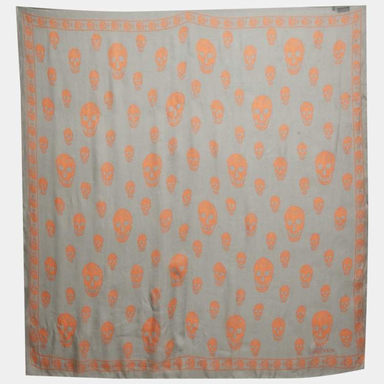 Pre Owned Alexander McQueen Grey/Orange Skull Print Silk Scarf