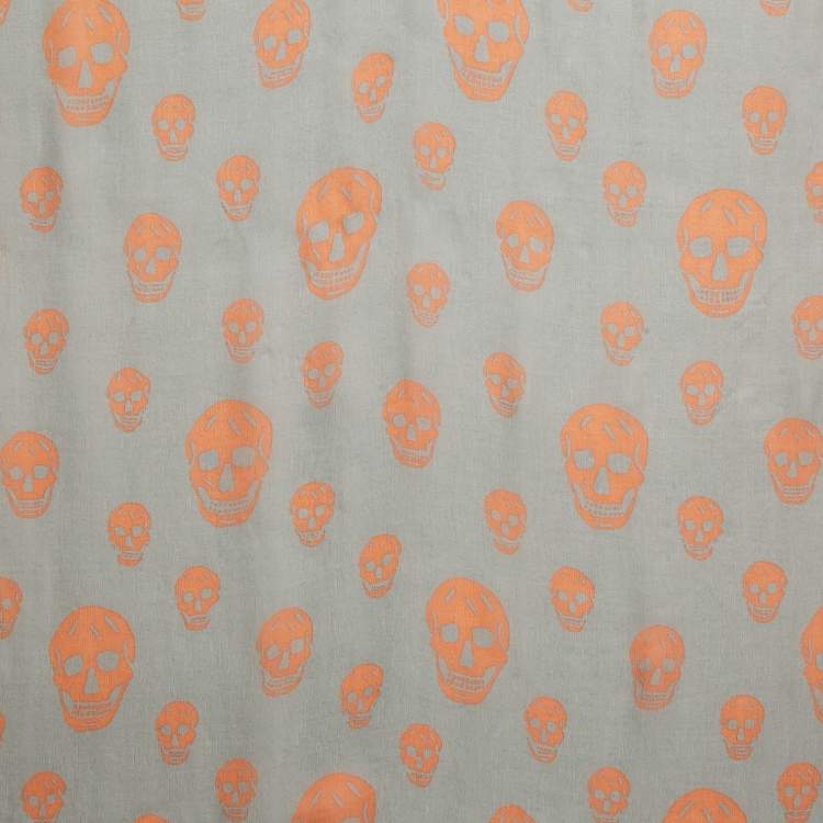 Pre Owned Alexander McQueen Grey/Orange Skull Print Silk Scarf