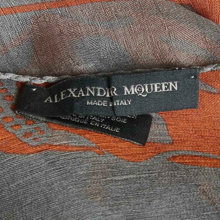 Pre Owned Alexander McQueen Grey/Orange Skull Print Silk Scarf