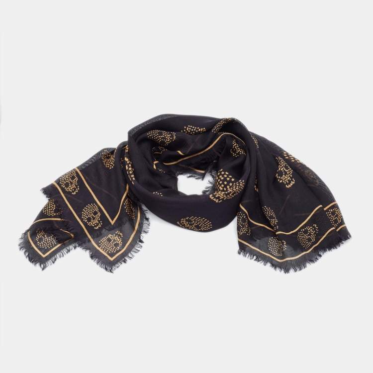Pre Owned Alexander McQueen Black Skull Printed Silk Scarf