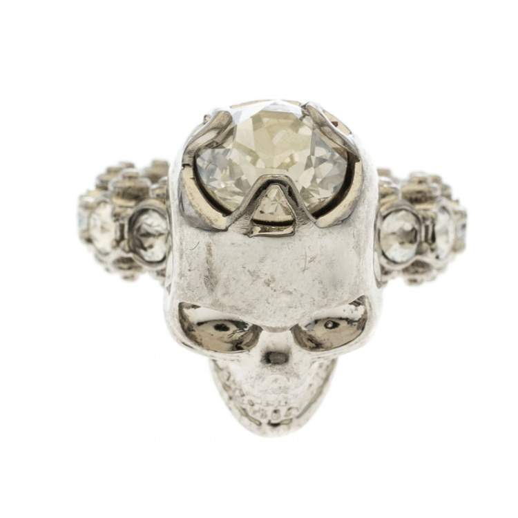 Pre Owned Alexander McQueen Skull Crystal Embedded Silver Tone Ring Size 51