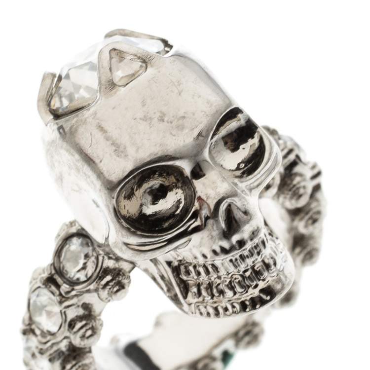 Pre Owned Alexander McQueen Skull Crystal Embedded Silver Tone Ring Size 51