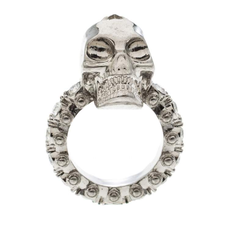 Pre Owned Alexander McQueen Skull Crystal Embedded Silver Tone Ring Size 51