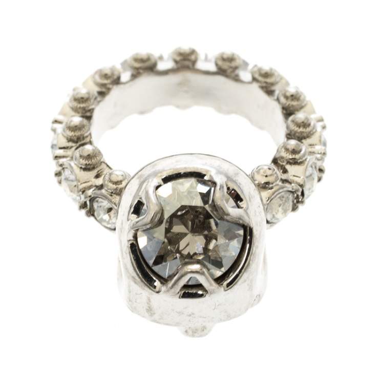 Pre Owned Alexander McQueen Skull Crystal Embedded Silver Tone Ring Size 51