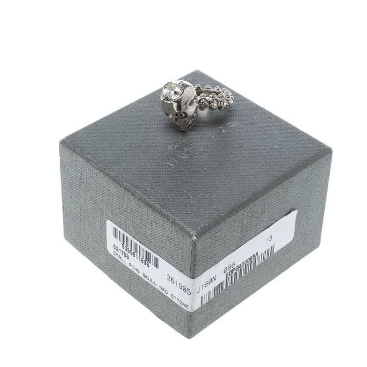 Pre Owned Alexander McQueen Skull Crystal Embedded Silver Tone Ring Size 51
