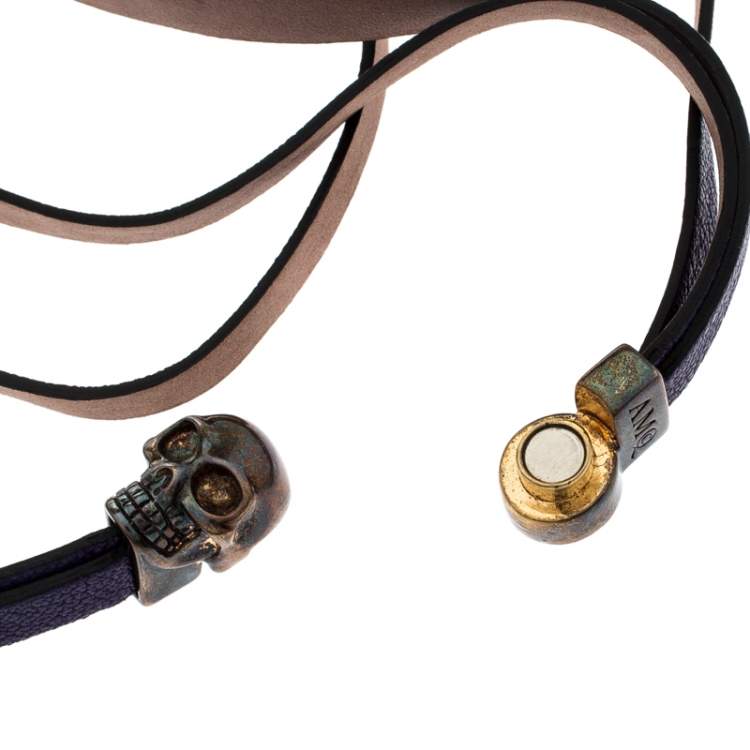 Pre Owned Alexander McQueen Purple Triple Strand Leather Skull Choker Necklace